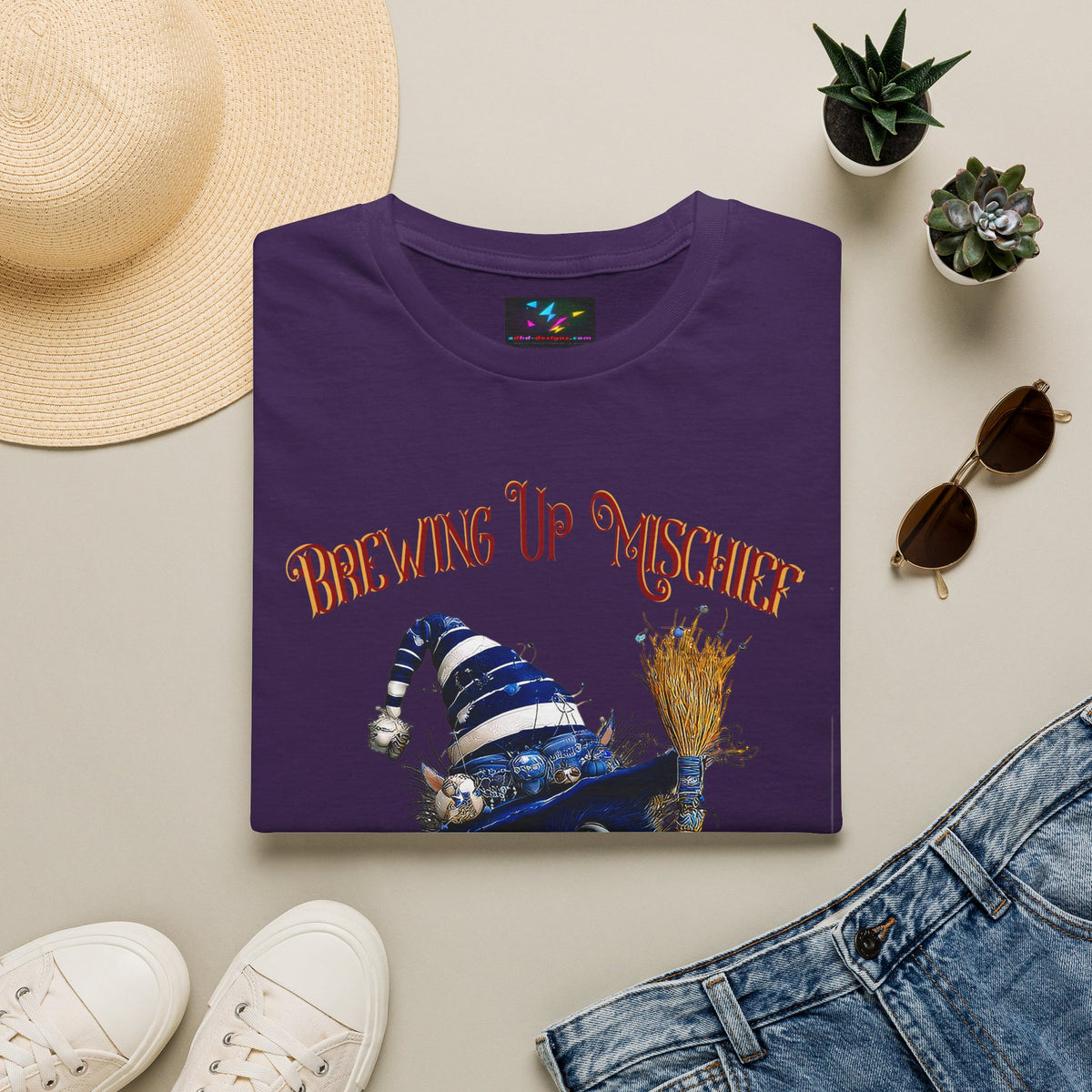 Brewing Up Mischief T-Shirt — Cute Witch Cat Halloween Tee