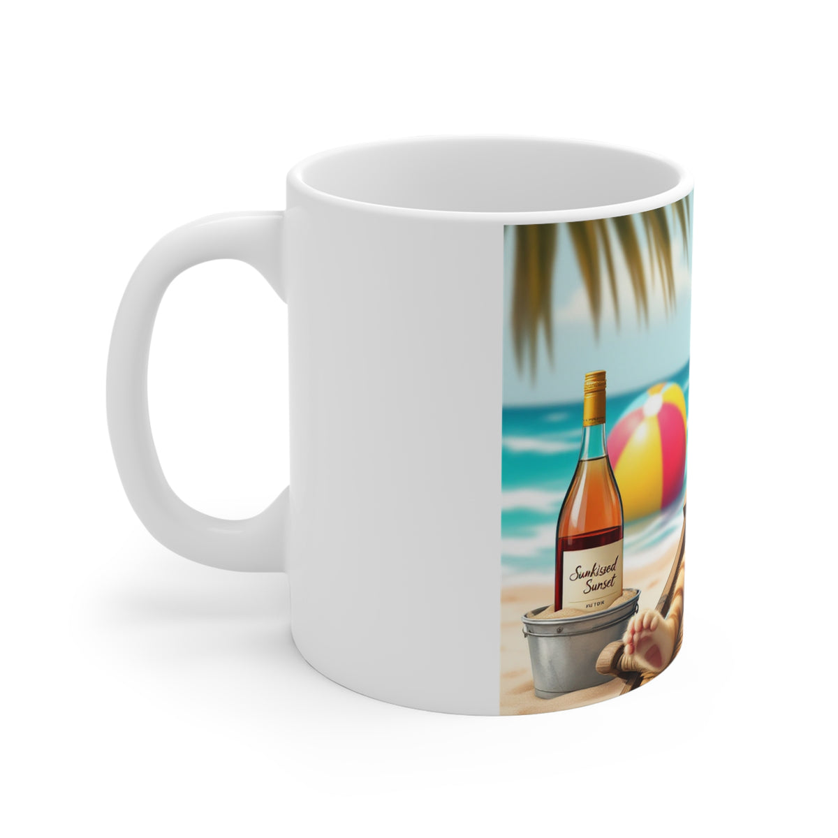 Mug - Relaxing Cat on Beach with Wine Coffee Cup