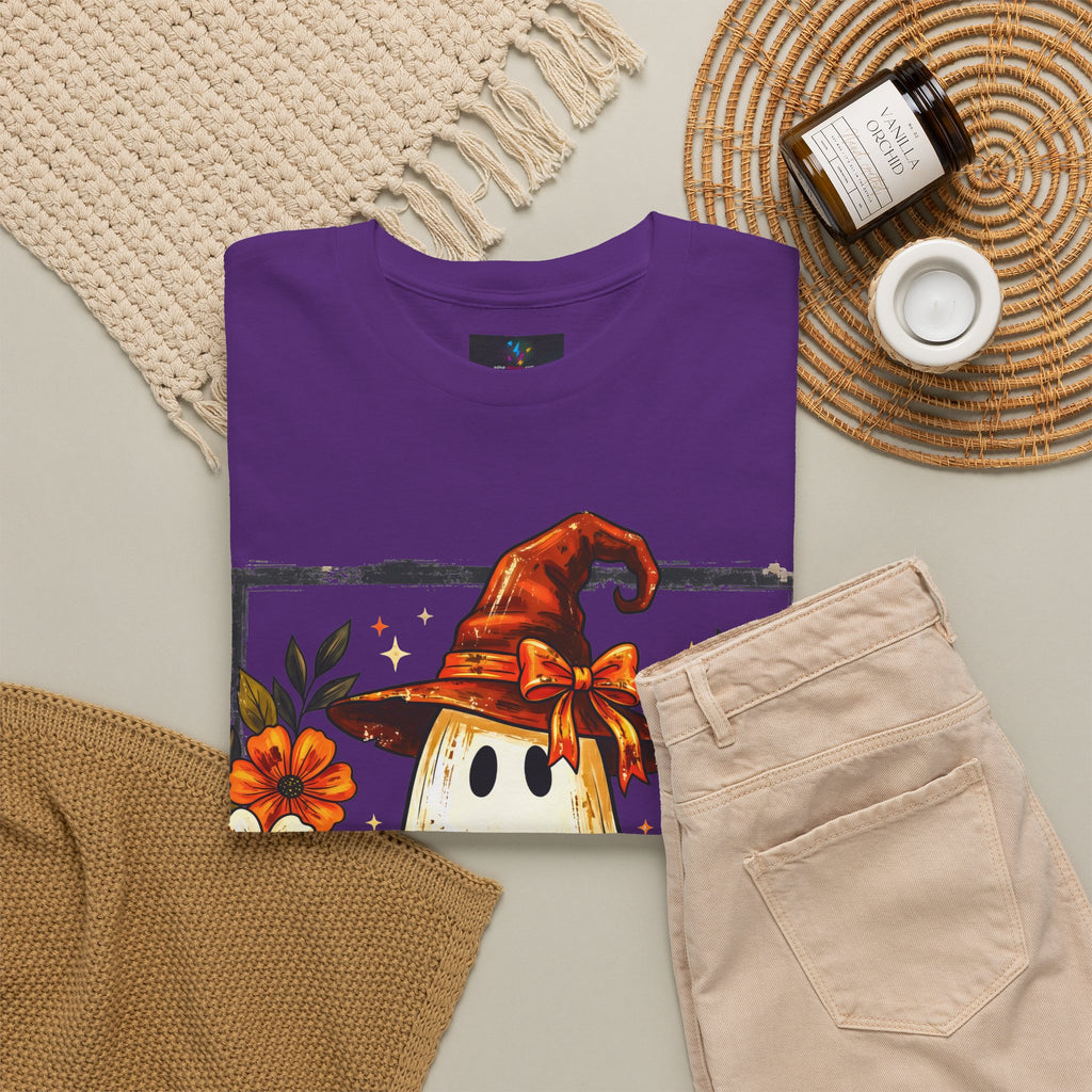 Cute Halloween Ghost T-Shirt — Ghost in Witch Hat with Pumpkin & Black Cat
