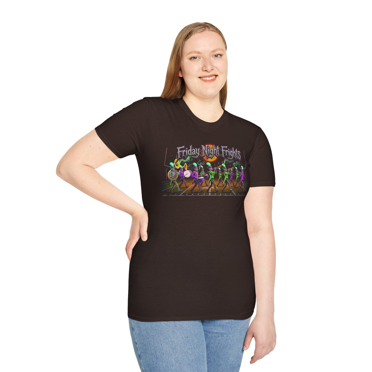 Friday Night Frights Halloween T-Shirt — Neon Skeleton Parade Tee
