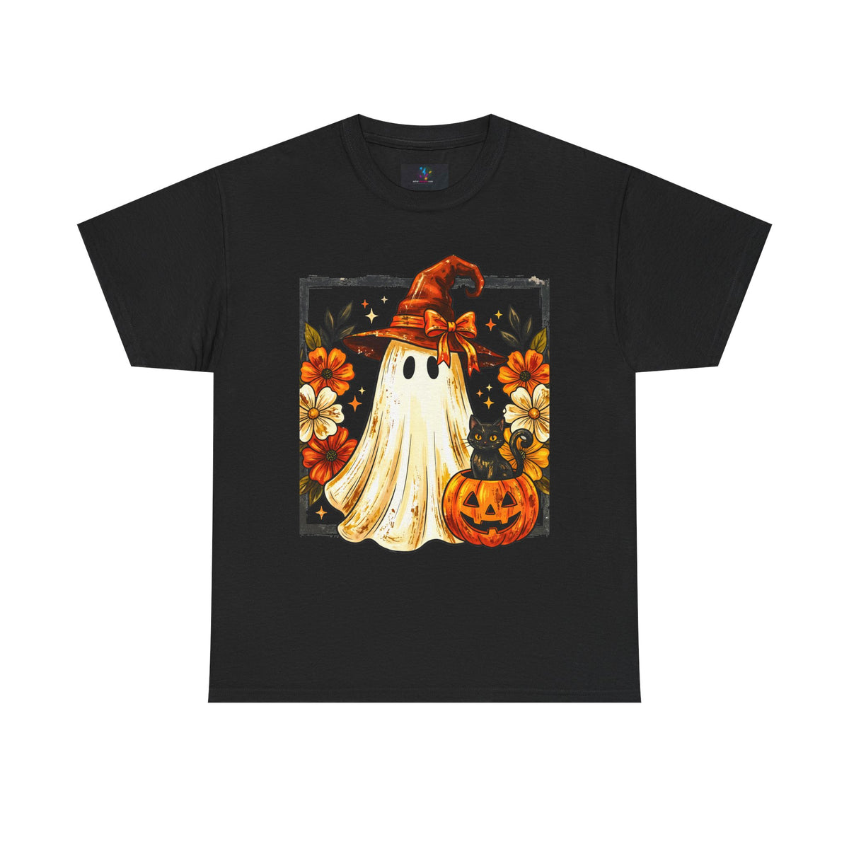 Cute Halloween Ghost T-Shirt — Ghost in Witch Hat with Pumpkin & Black Cat