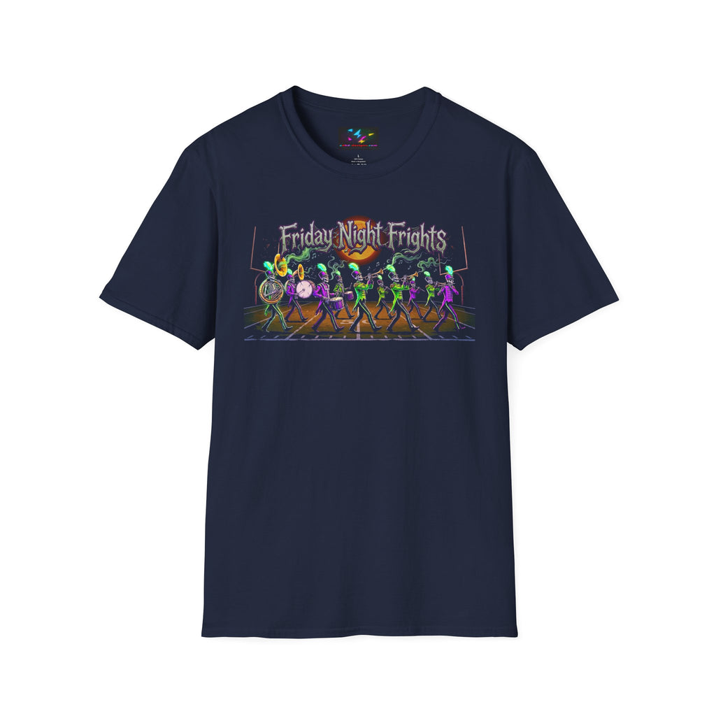 Friday Night Frights Halloween T-Shirt — Neon Skeleton Parade Tee