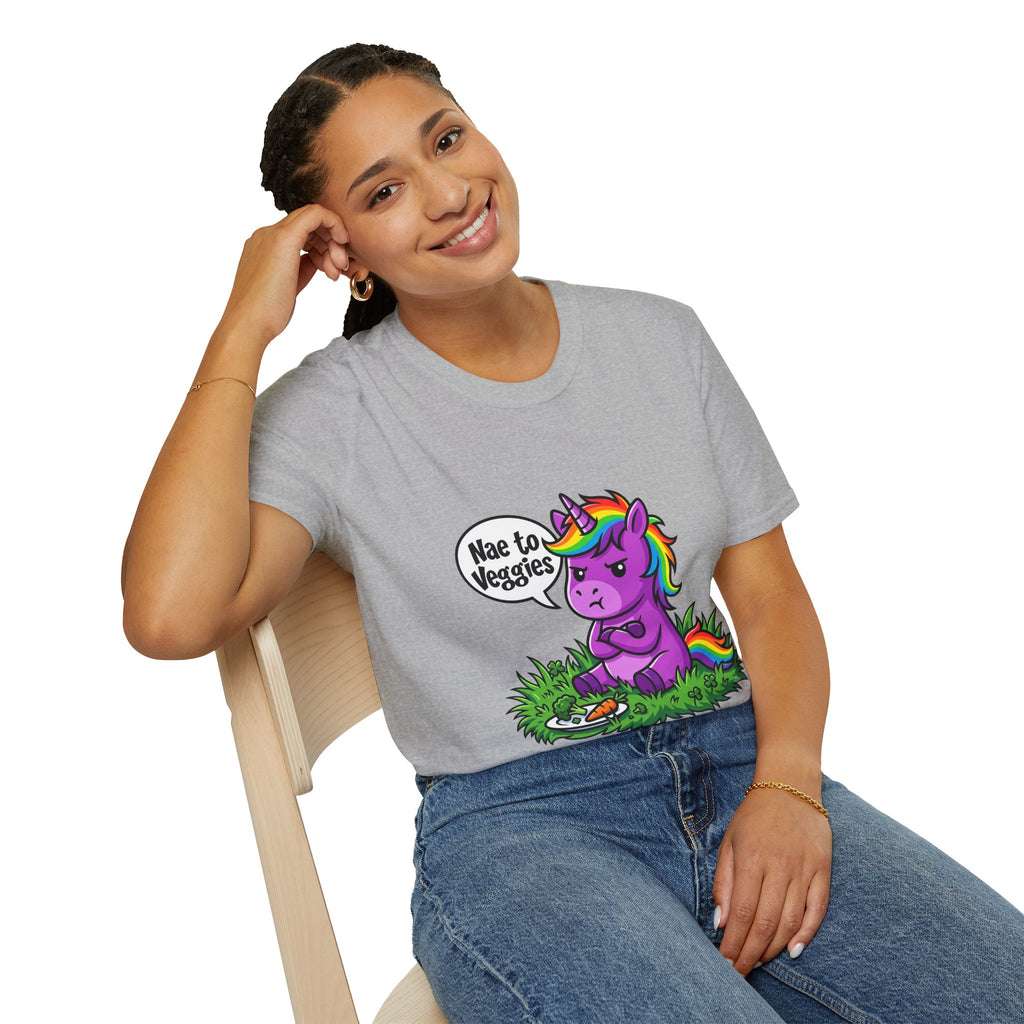 Unicorn T-Shirt — "Nae to Veggies" Funny Rainbow Unicorn Tee