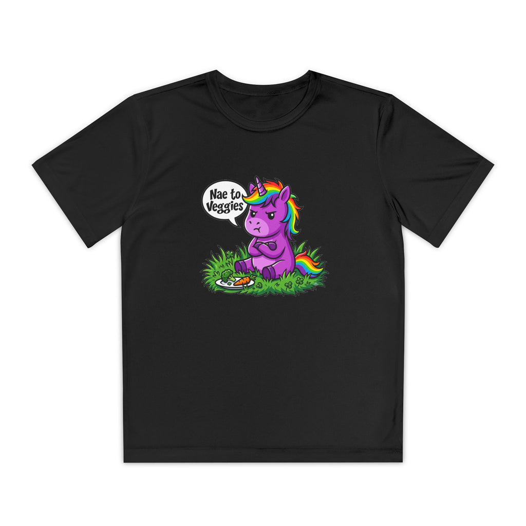 Youth T-Shirt — Purple Unicorn Saying "Nae to Veggies" Cute Kids Graphic Tee