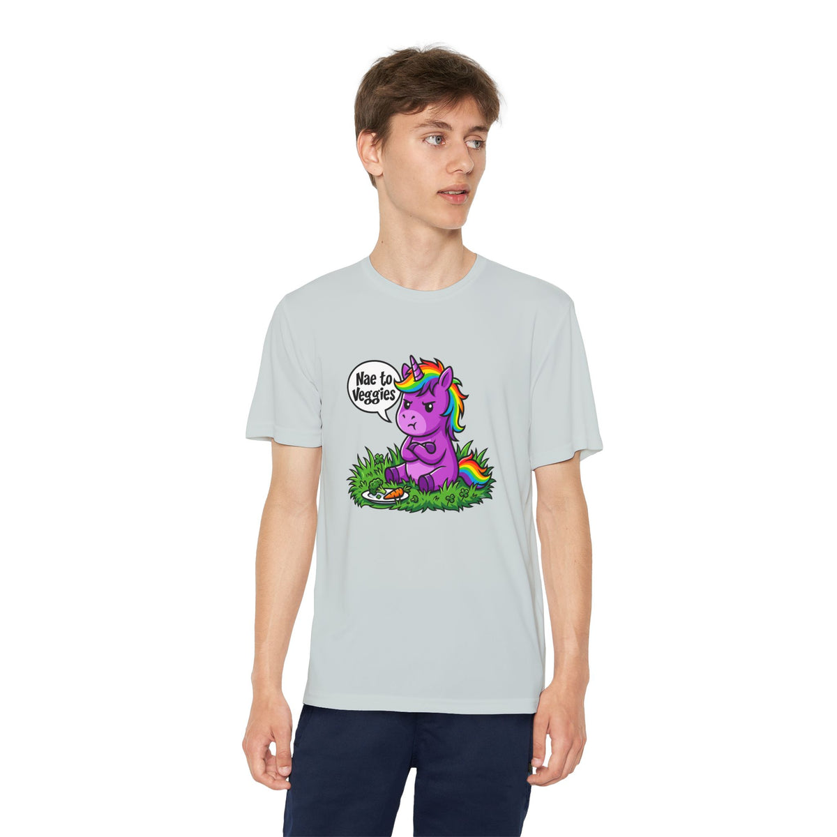 Youth T-Shirt — Purple Unicorn Saying "Nae to Veggies" Cute Kids Graphic Tee
