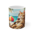 Mug - Relaxing Cat on Beach with Wine Coffee Cup