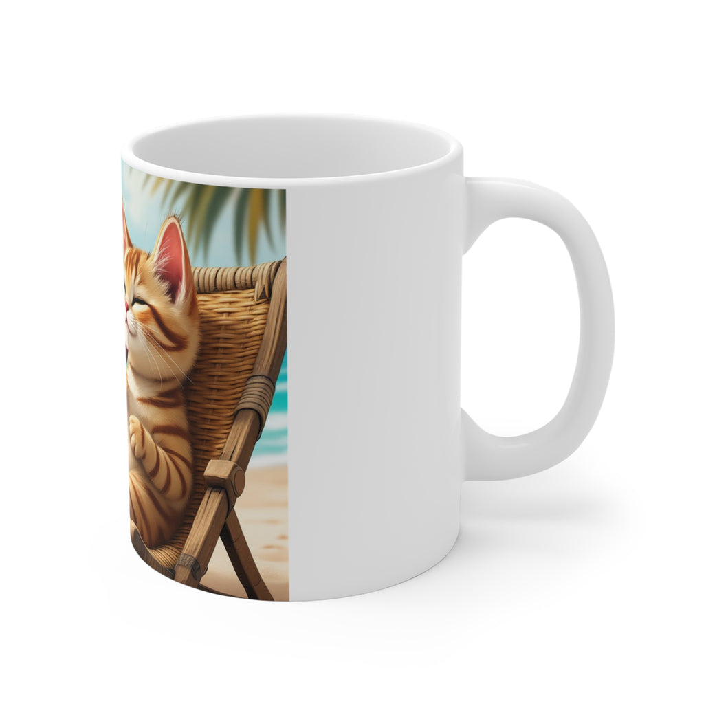 Mug - Relaxing Cat on Beach with Wine Coffee Cup