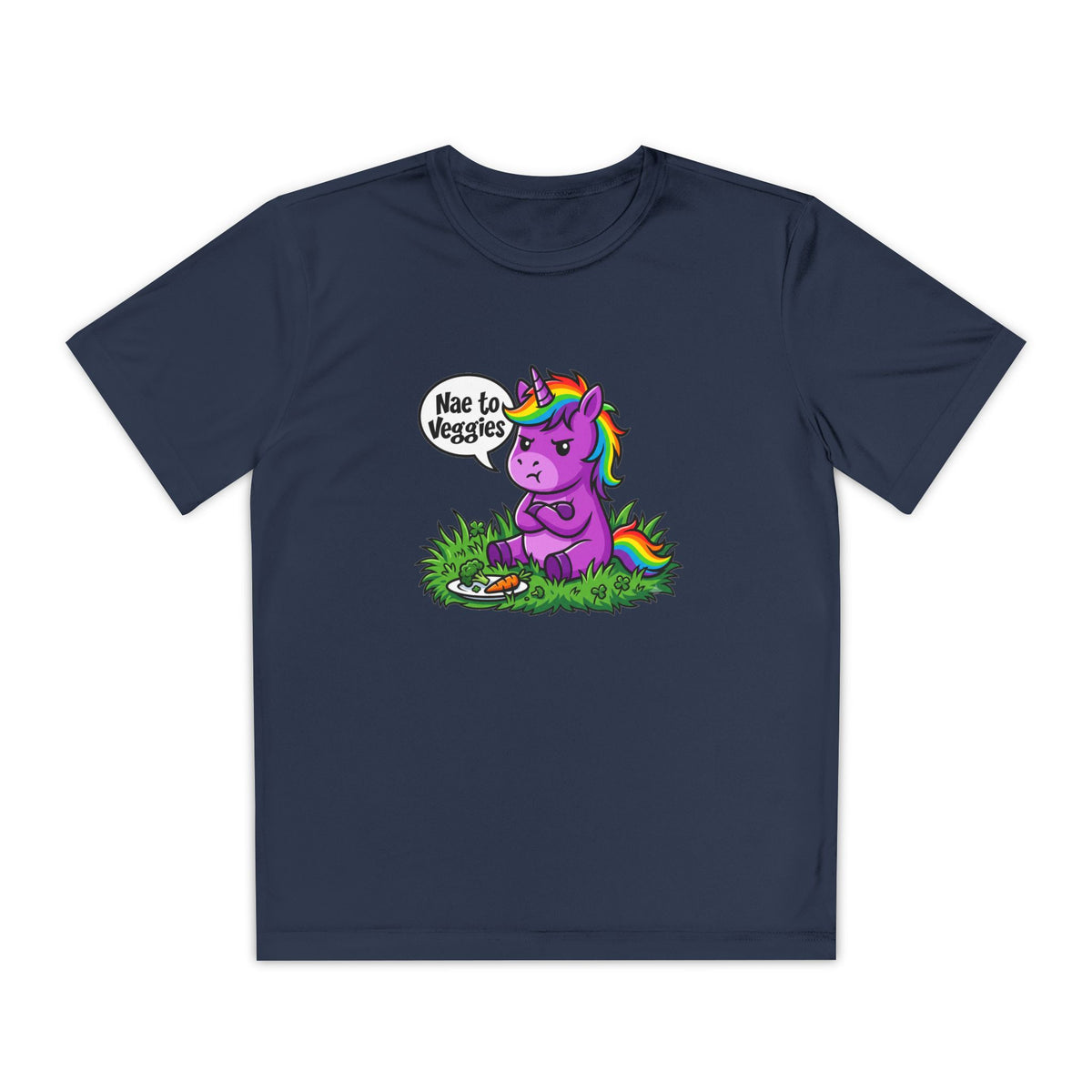 Youth T-Shirt — Purple Unicorn Saying "Nae to Veggies" Cute Kids Graphic Tee
