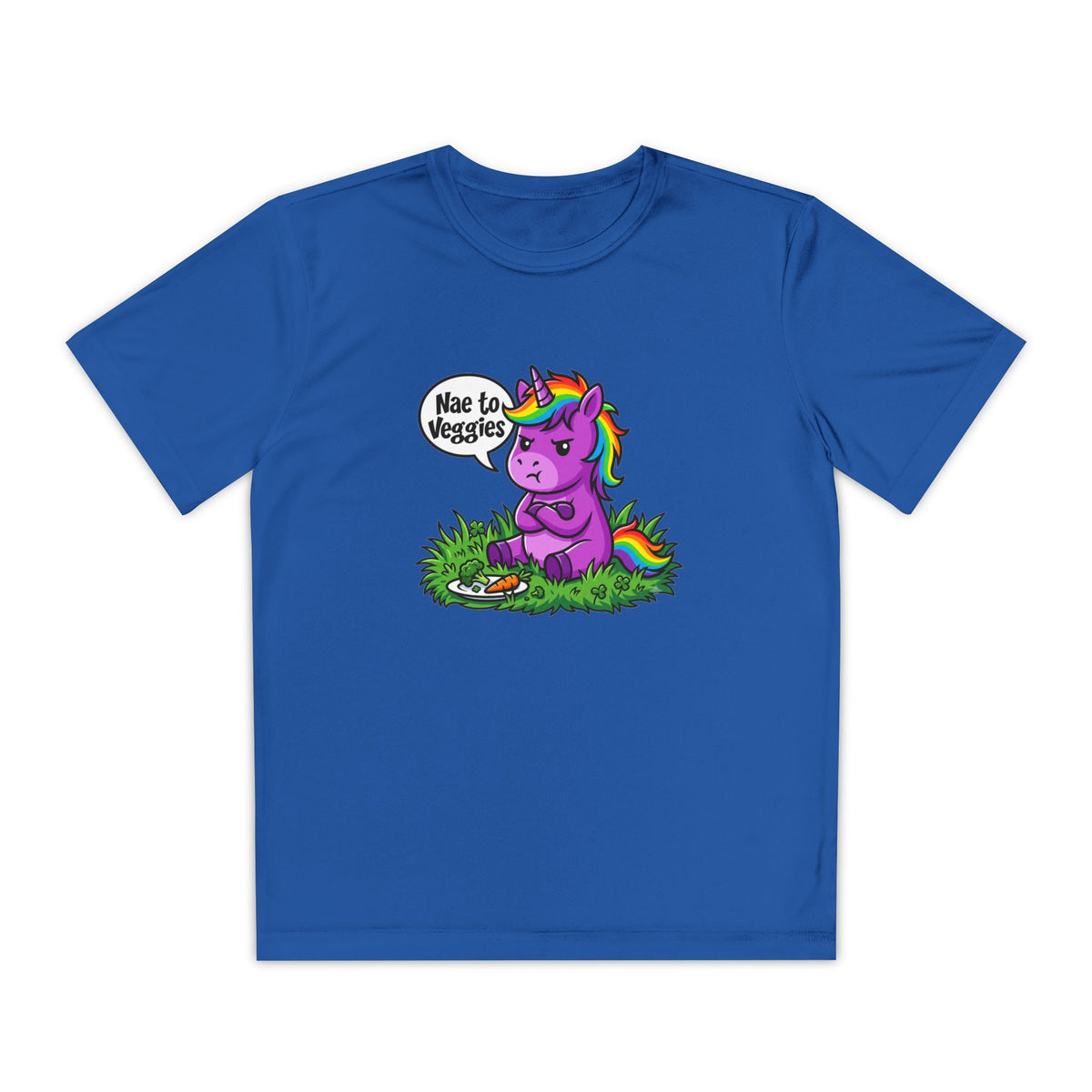 Youth T-Shirt — Purple Unicorn Saying "Nae to Veggies" Cute Kids Graphic Tee