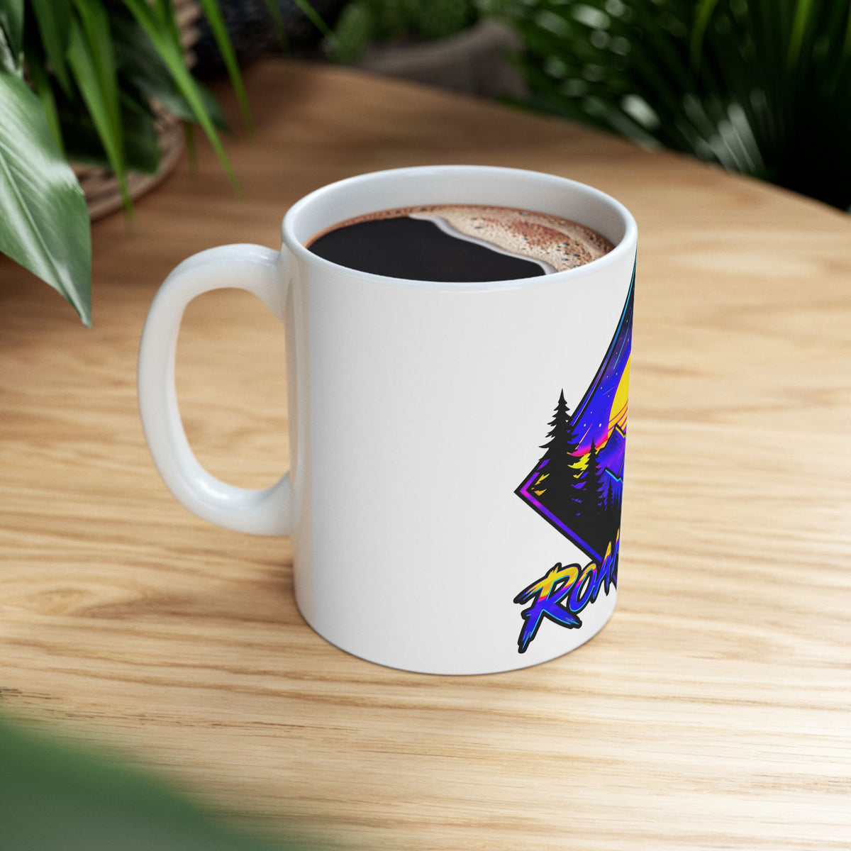 Roam Free Mountain Sunset Ceramic Mug — Adventure Travel Coffee Cup (11oz/15oz)