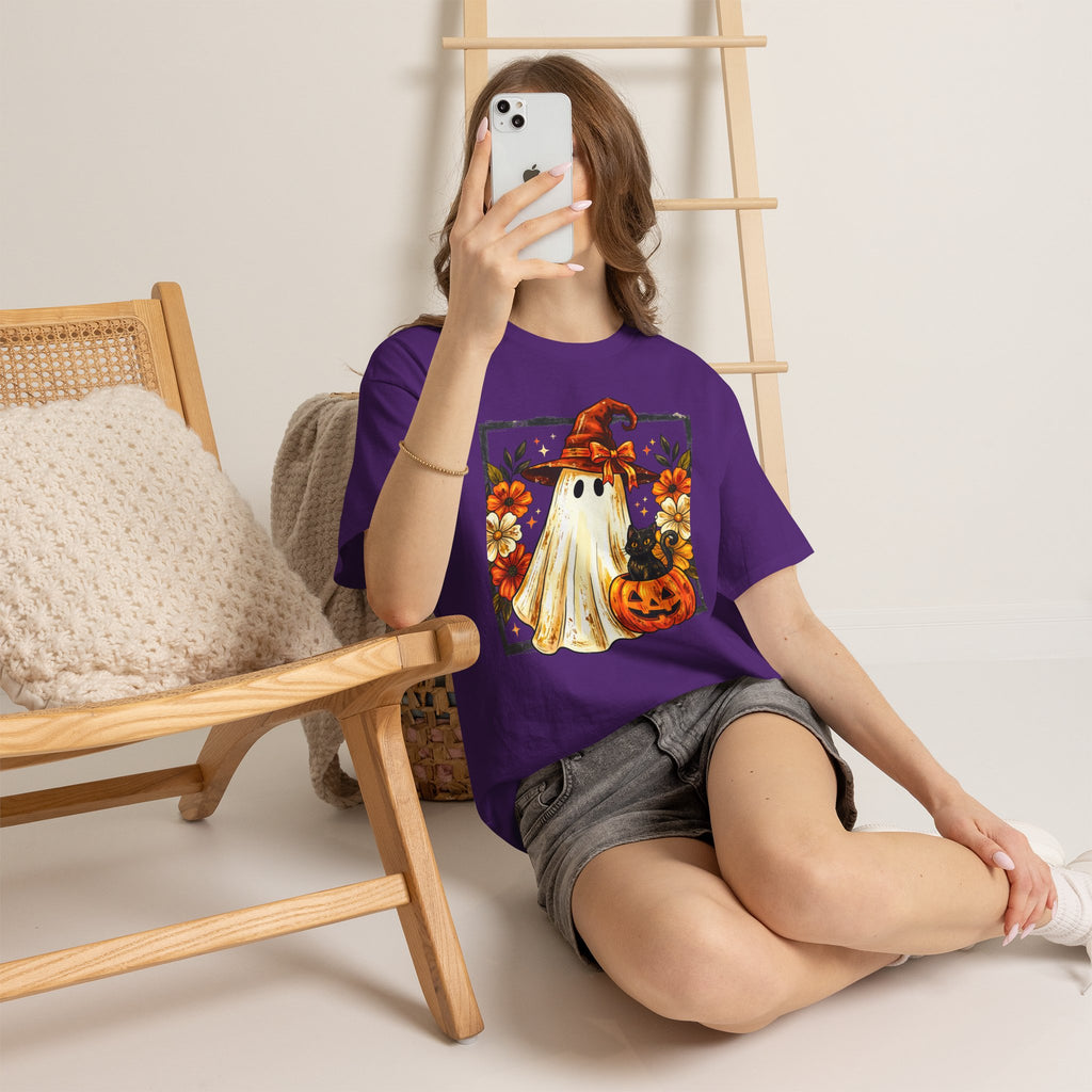 Cute Halloween Ghost T-Shirt — Ghost in Witch Hat with Pumpkin & Black Cat