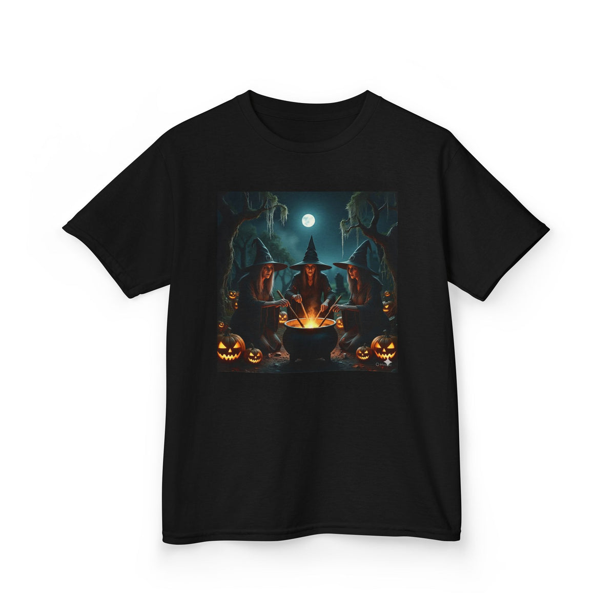 Kids Halloween Witch Campfire T‑Shirt — Spooky Pumpkin Night Tee