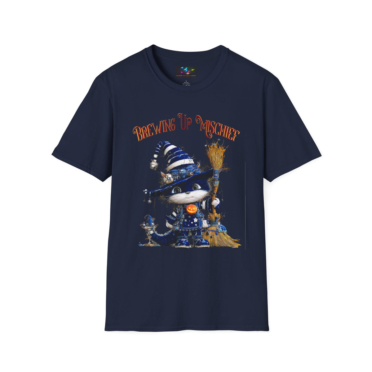 Brewing Up Mischief T-Shirt — Cute Witch Cat Halloween Tee