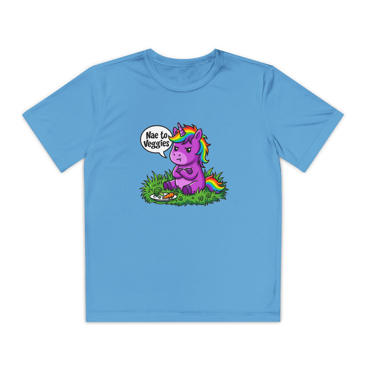 Youth T-Shirt — Purple Unicorn Saying "Nae to Veggies" Cute Kids Graphic Tee