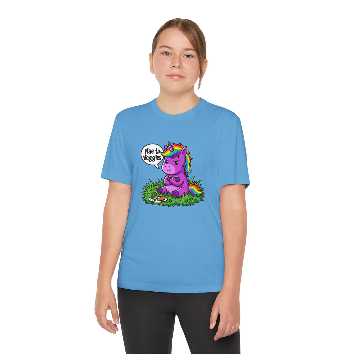 Youth T-Shirt — Purple Unicorn Saying "Nae to Veggies" Cute Kids Graphic Tee