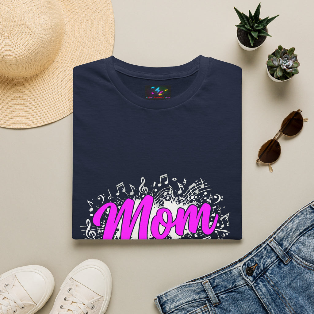 Mom Rock Band T-Shirt — 'Mom' Pink Script with Musical Notes (Rockin' the Band Life)