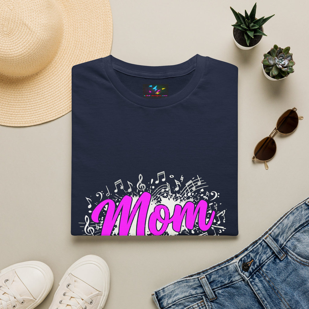 Mom Rock Band T-Shirt — 'Mom' Pink Script with Musical Notes (Rockin' the Band Life)