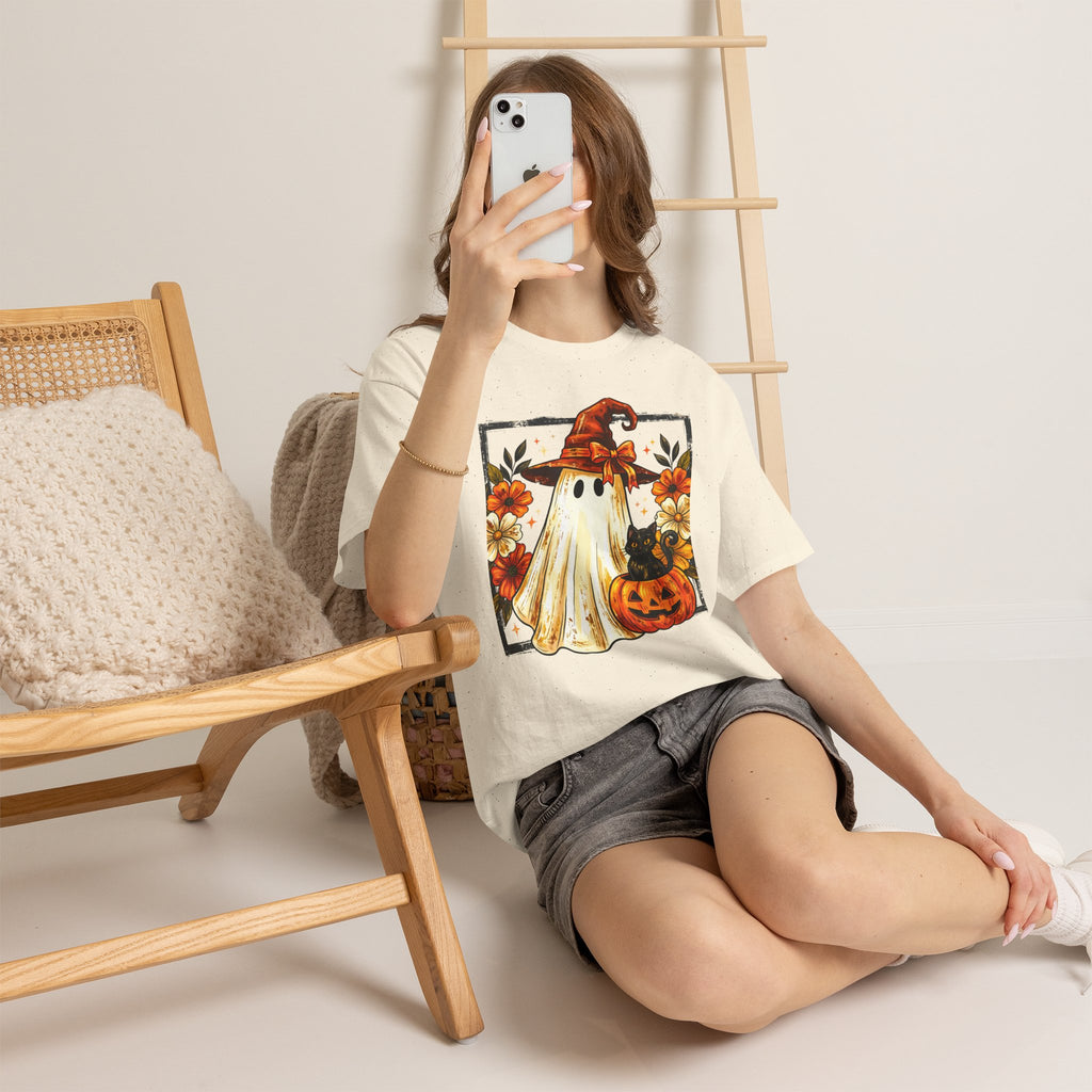 Cute Halloween Ghost T-Shirt — Ghost in Witch Hat with Pumpkin & Black Cat