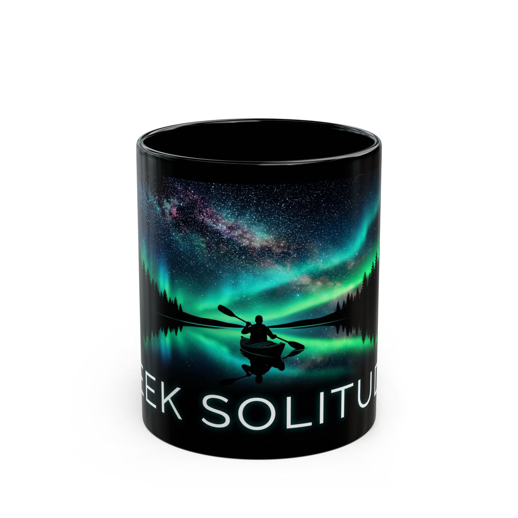 Aurora Kayak Mug — Seek Solitude Black Coffee Cup (11oz & 15oz)