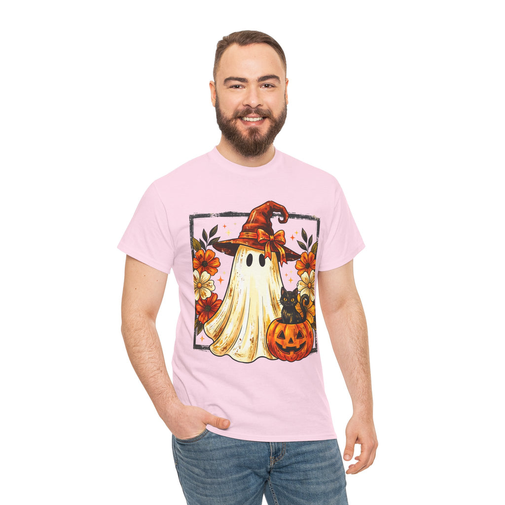 Cute Halloween Ghost T-Shirt — Ghost in Witch Hat with Pumpkin & Black Cat