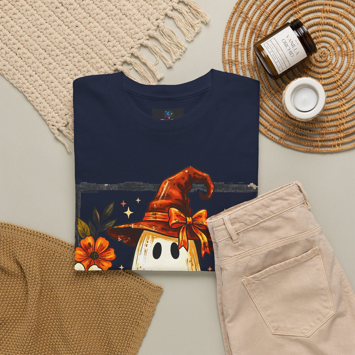 Cute Halloween Ghost T-Shirt — Ghost in Witch Hat with Pumpkin & Black Cat