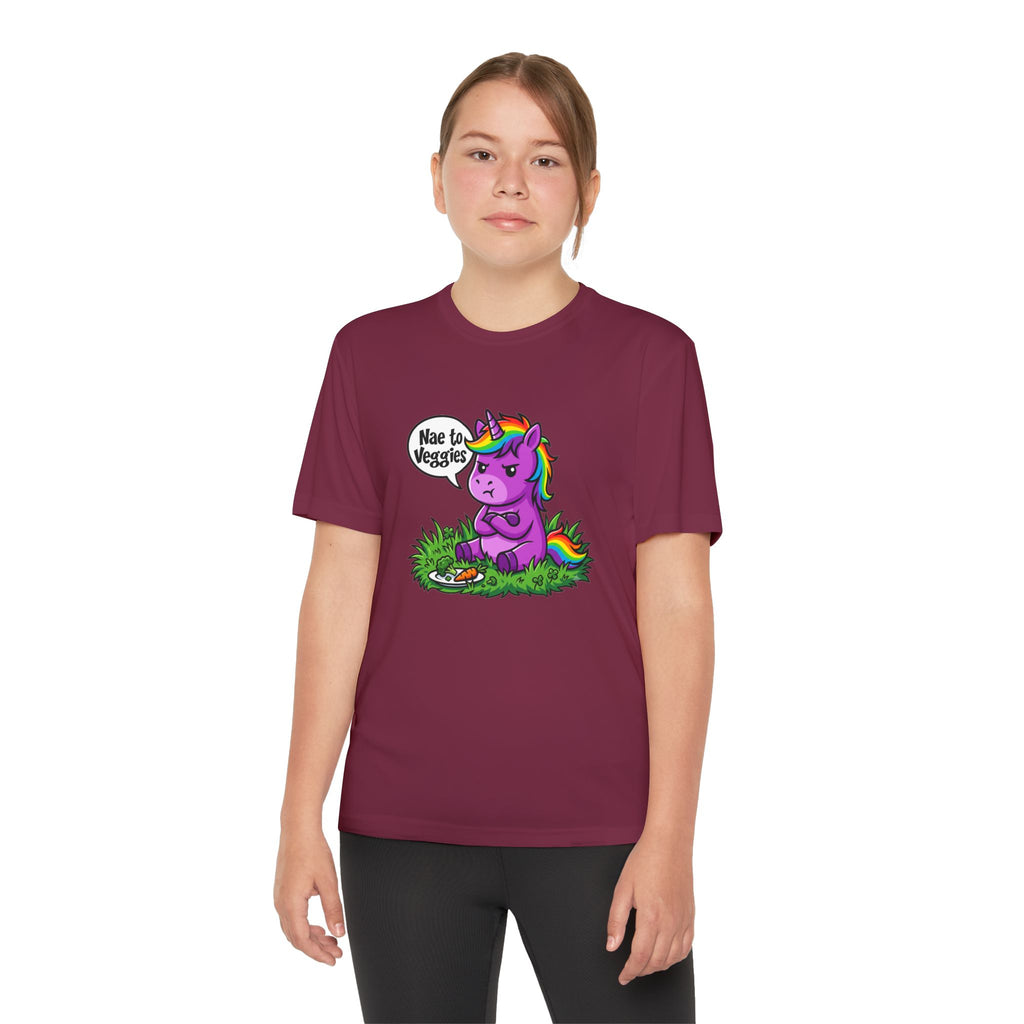 Youth T-Shirt — Purple Unicorn Saying "Nae to Veggies" Cute Kids Graphic Tee