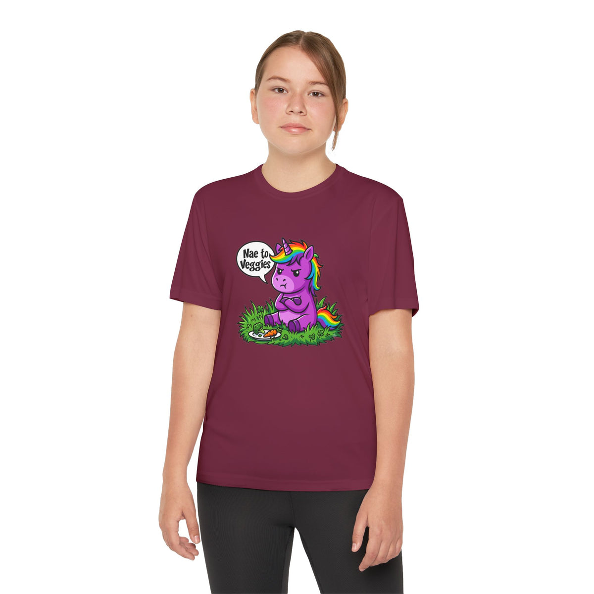 Youth T-Shirt — Purple Unicorn Saying "Nae to Veggies" Cute Kids Graphic Tee