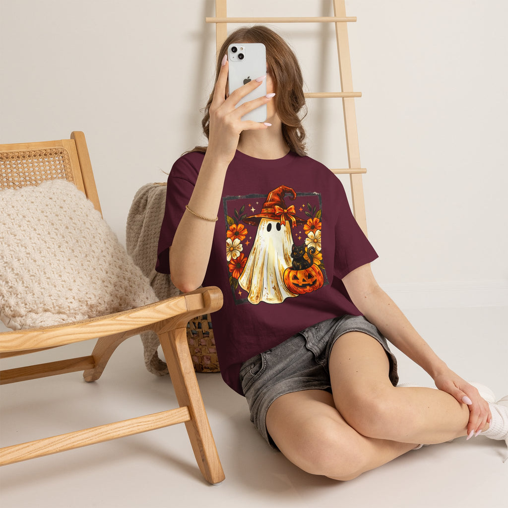 Cute Halloween Ghost T-Shirt — Ghost in Witch Hat with Pumpkin & Black Cat