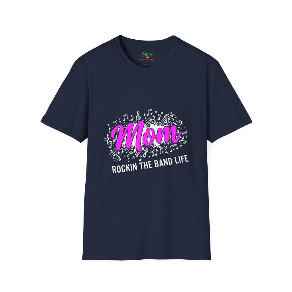 Mom Rock Band T-Shirt — 'Mom' Pink Script with Musical Notes (Rockin' the Band Life)