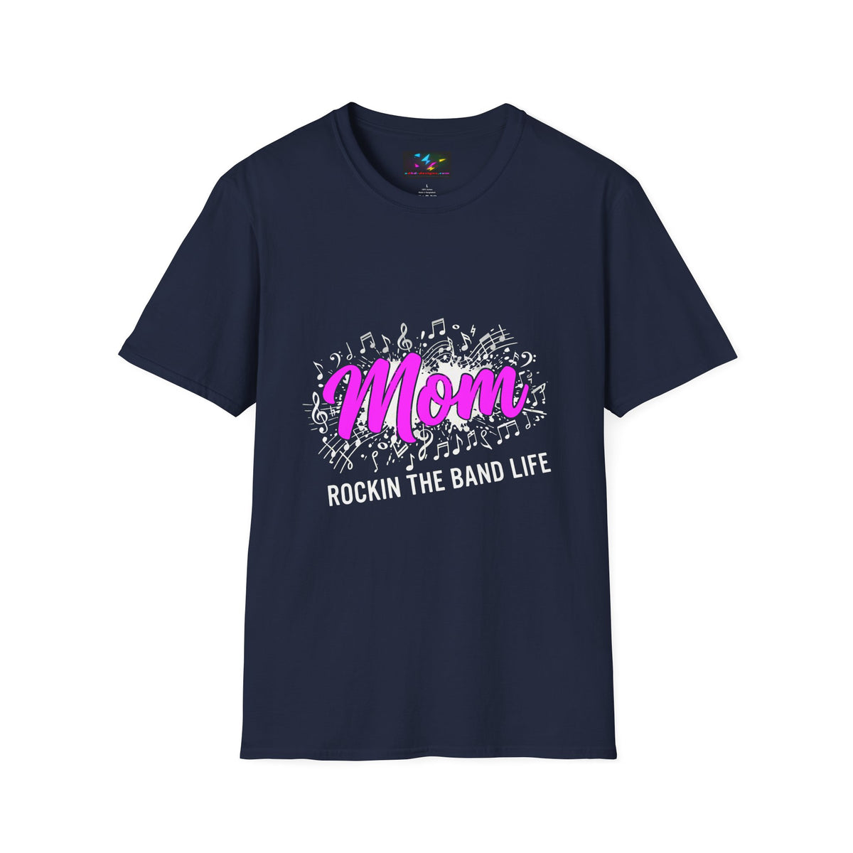 Mom Rock Band T-Shirt — 'Mom' Pink Script with Musical Notes (Rockin' the Band Life)