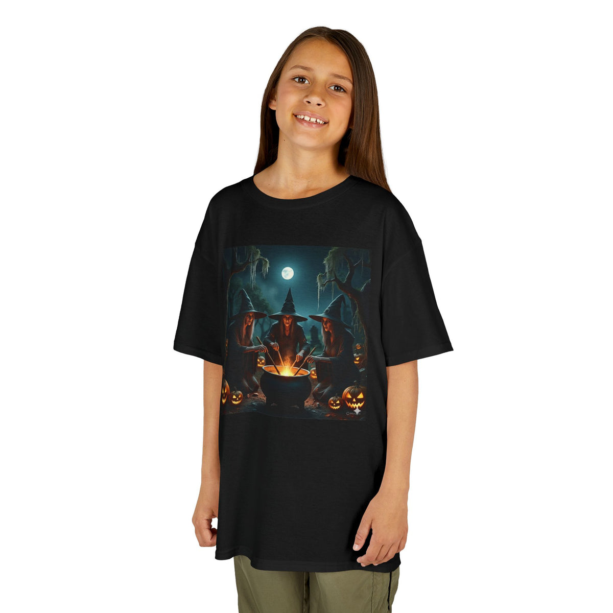Kids Halloween Witch Campfire T‑Shirt — Spooky Pumpkin Night Tee
