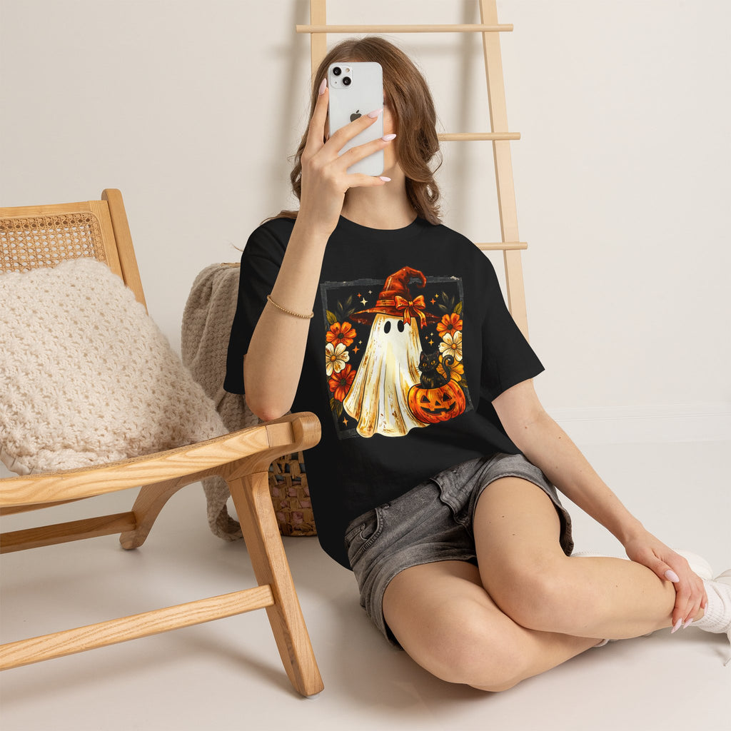 Cute Halloween Ghost T-Shirt — Ghost in Witch Hat with Pumpkin & Black Cat