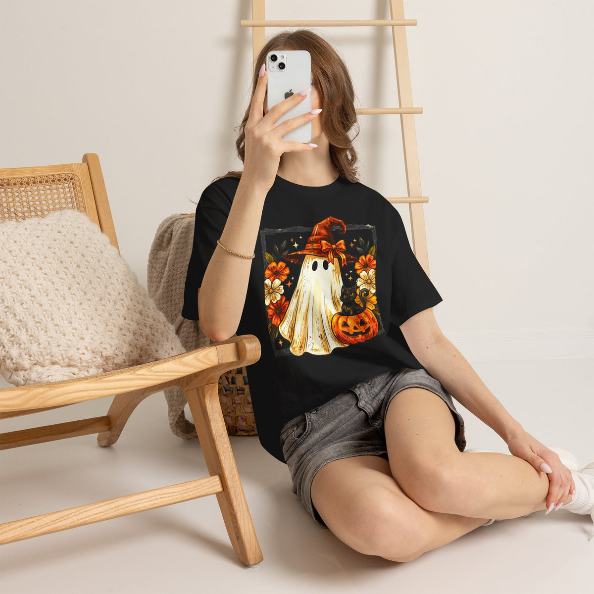 Cute Halloween Ghost T-Shirt — Ghost in Witch Hat with Pumpkin & Black Cat