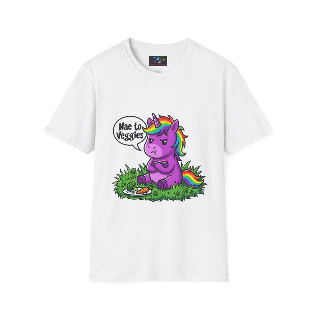 Unicorn T-Shirt — "Nae to Veggies" Funny Rainbow Unicorn Tee