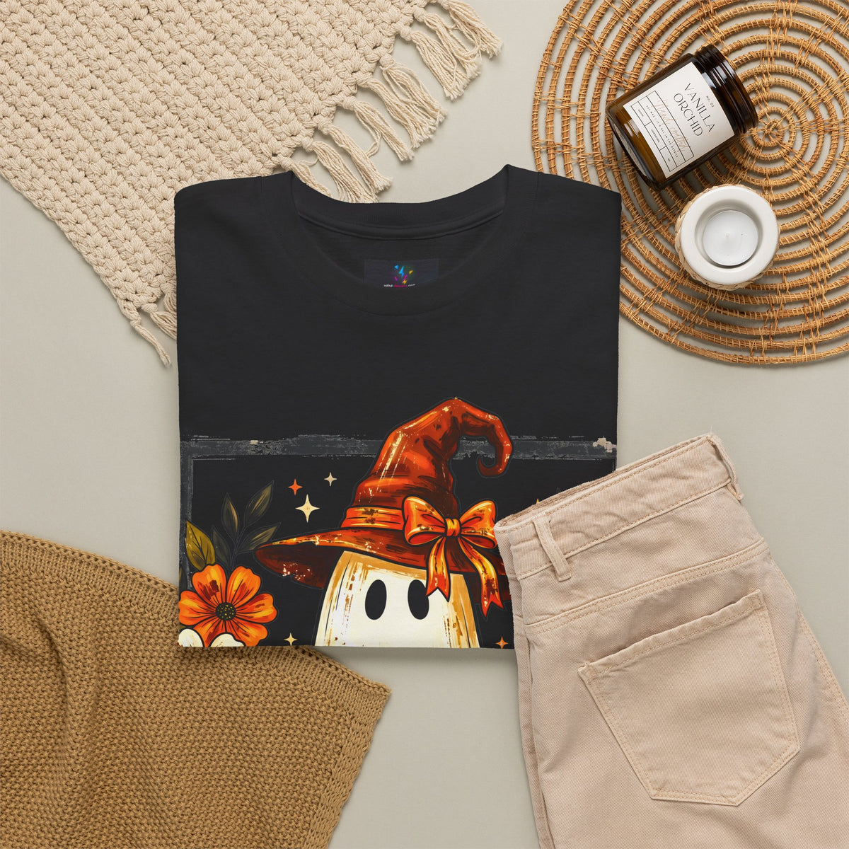 Cute Halloween Ghost T-Shirt — Ghost in Witch Hat with Pumpkin & Black Cat