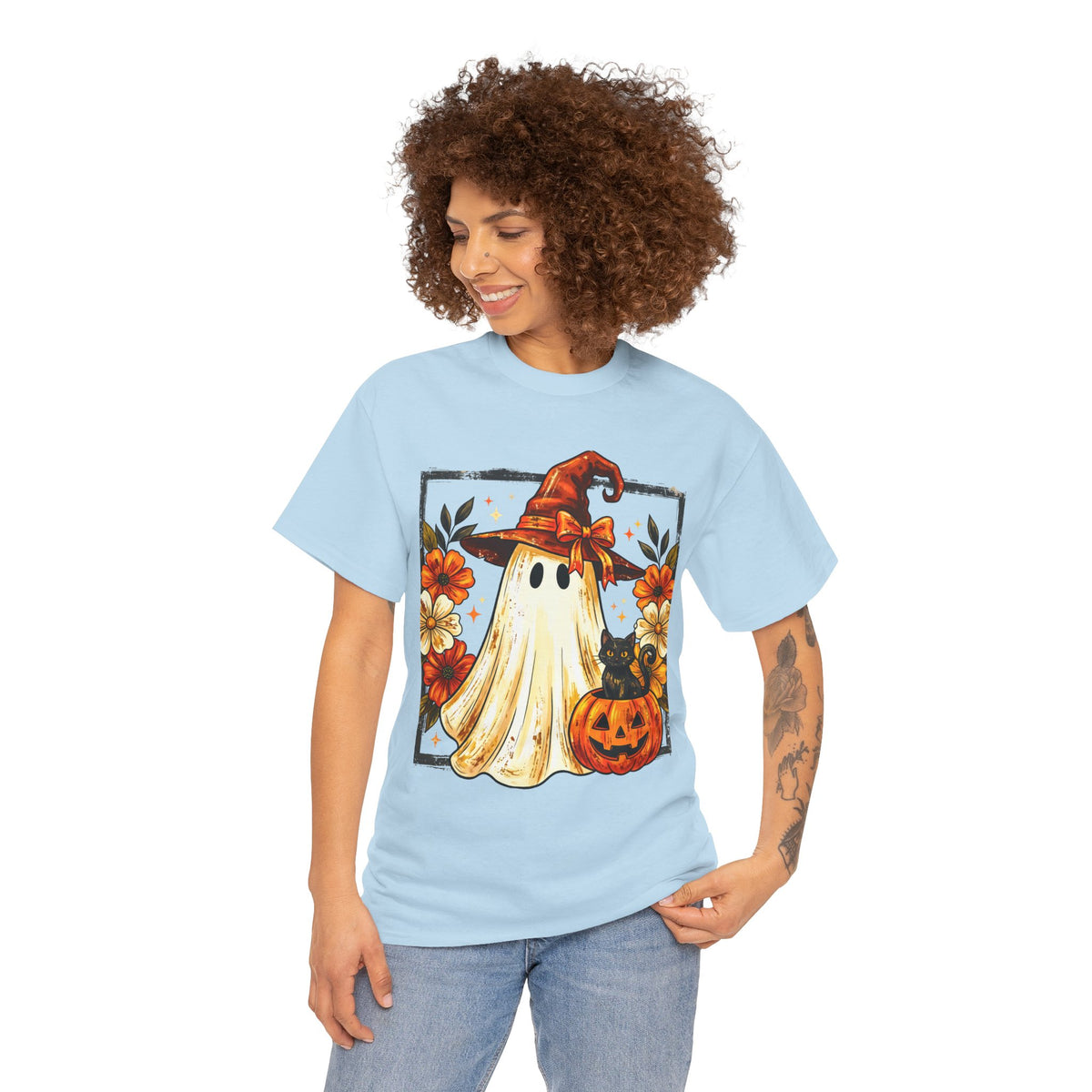 Cute Halloween Ghost T-Shirt — Ghost in Witch Hat with Pumpkin & Black Cat