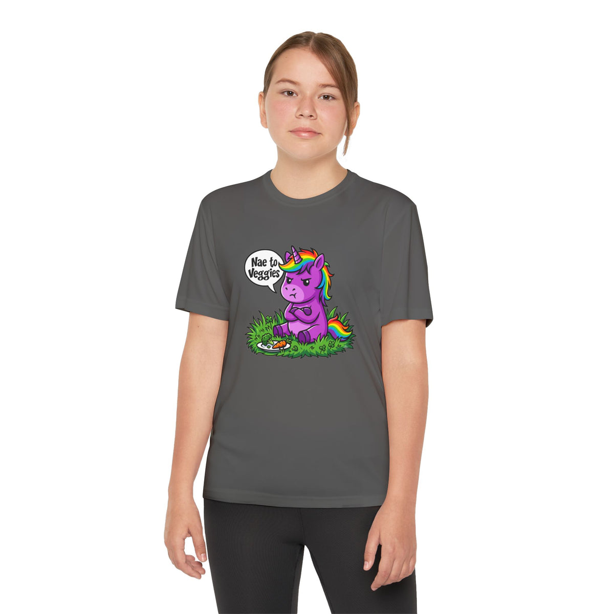 Youth T-Shirt — Purple Unicorn Saying "Nae to Veggies" Cute Kids Graphic Tee