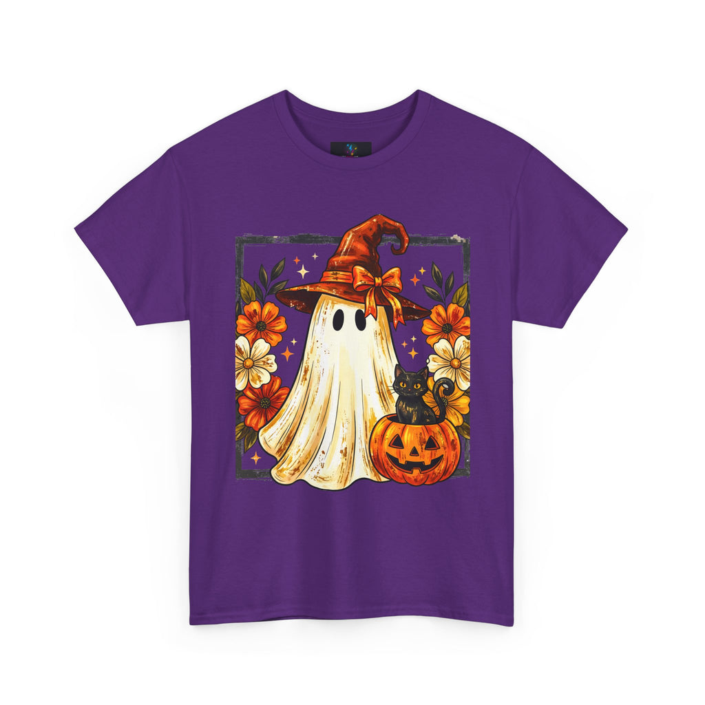 Cute Halloween Ghost T-Shirt — Ghost in Witch Hat with Pumpkin & Black Cat