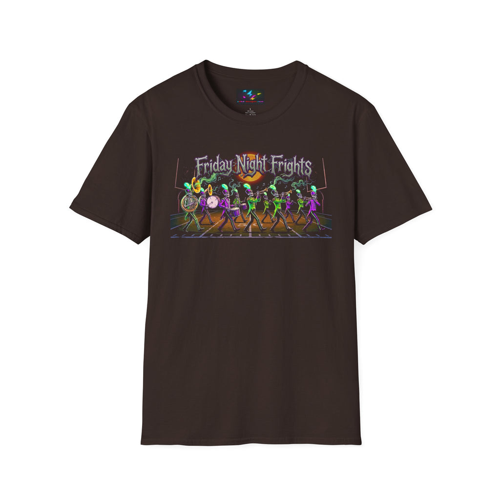 Friday Night Frights Halloween T-Shirt — Neon Skeleton Parade Tee
