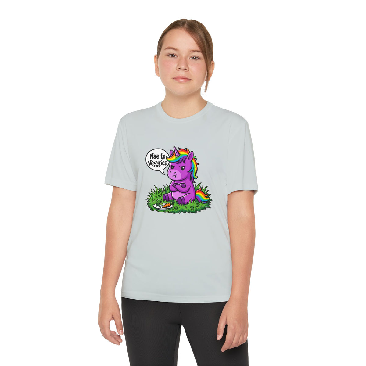 Youth T-Shirt — Purple Unicorn Saying "Nae to Veggies" Cute Kids Graphic Tee