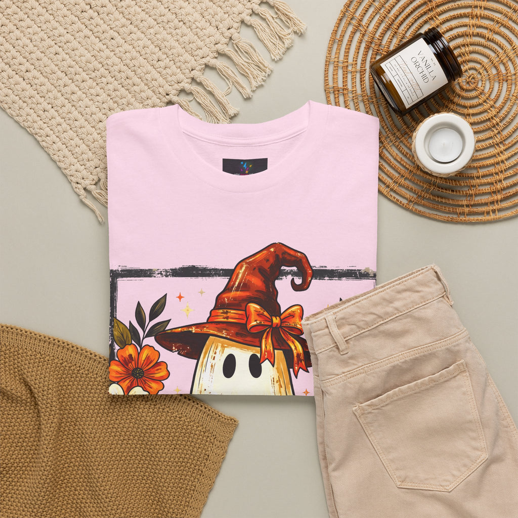 Cute Halloween Ghost T-Shirt — Ghost in Witch Hat with Pumpkin & Black Cat