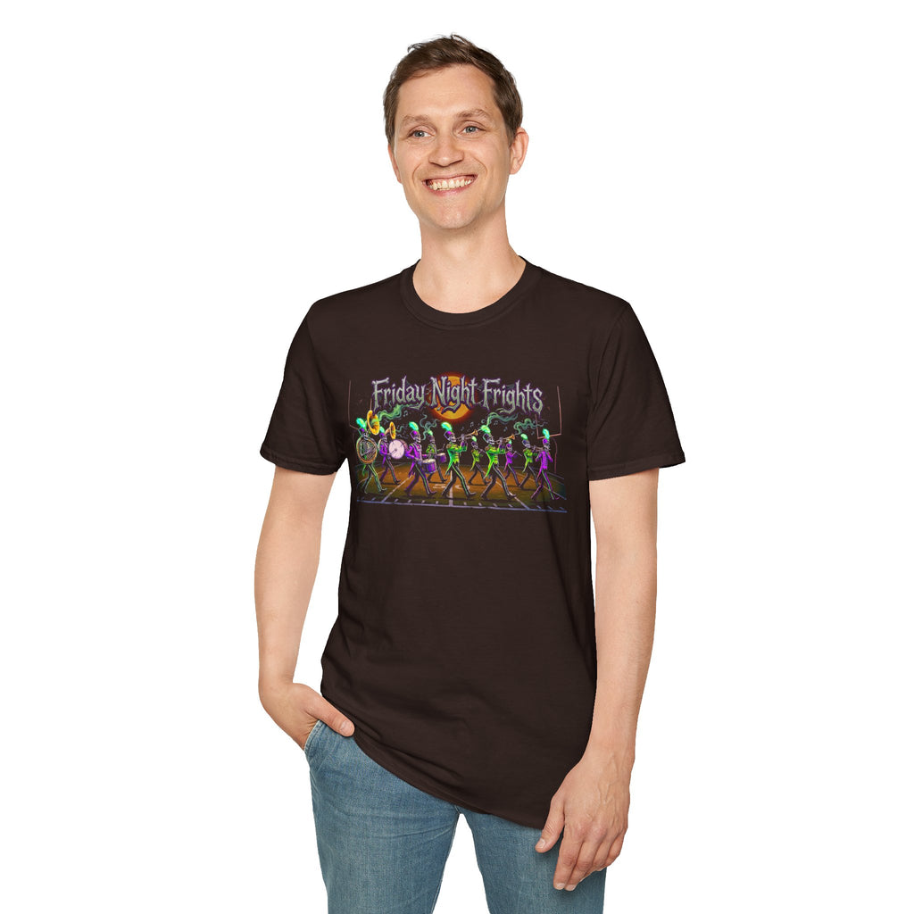 Friday Night Frights Halloween T-Shirt — Neon Skeleton Parade Tee