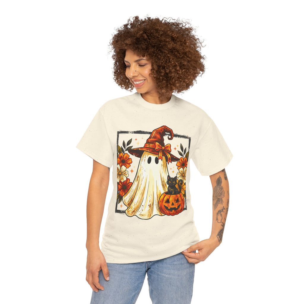 Cute Halloween Ghost T-Shirt — Ghost in Witch Hat with Pumpkin & Black Cat