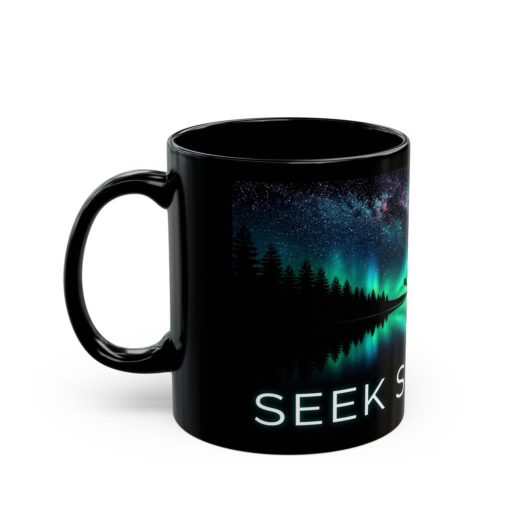 Aurora Kayak Mug — Seek Solitude Black Coffee Cup (11oz & 15oz)
