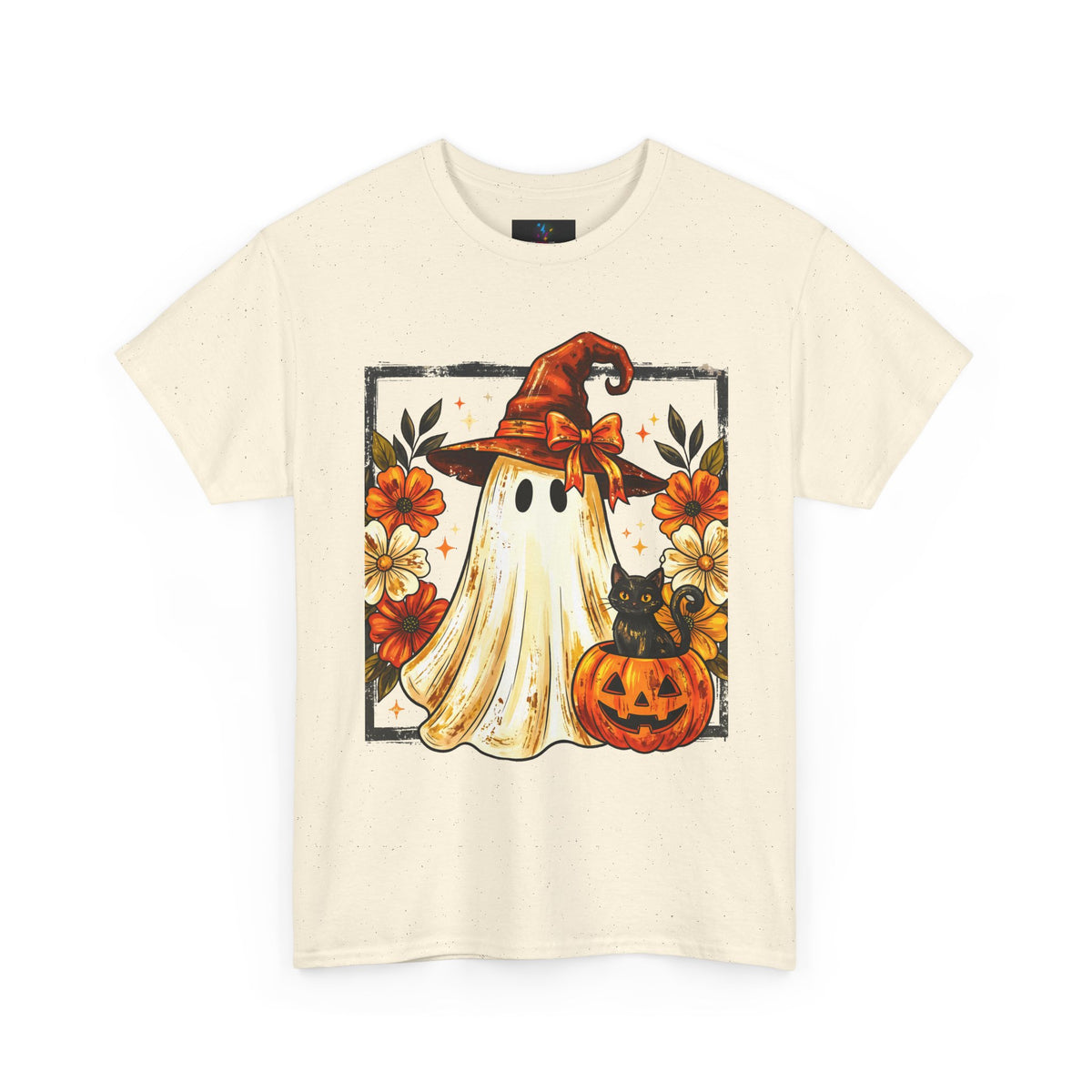 Cute Halloween Ghost T-Shirt — Ghost in Witch Hat with Pumpkin & Black Cat