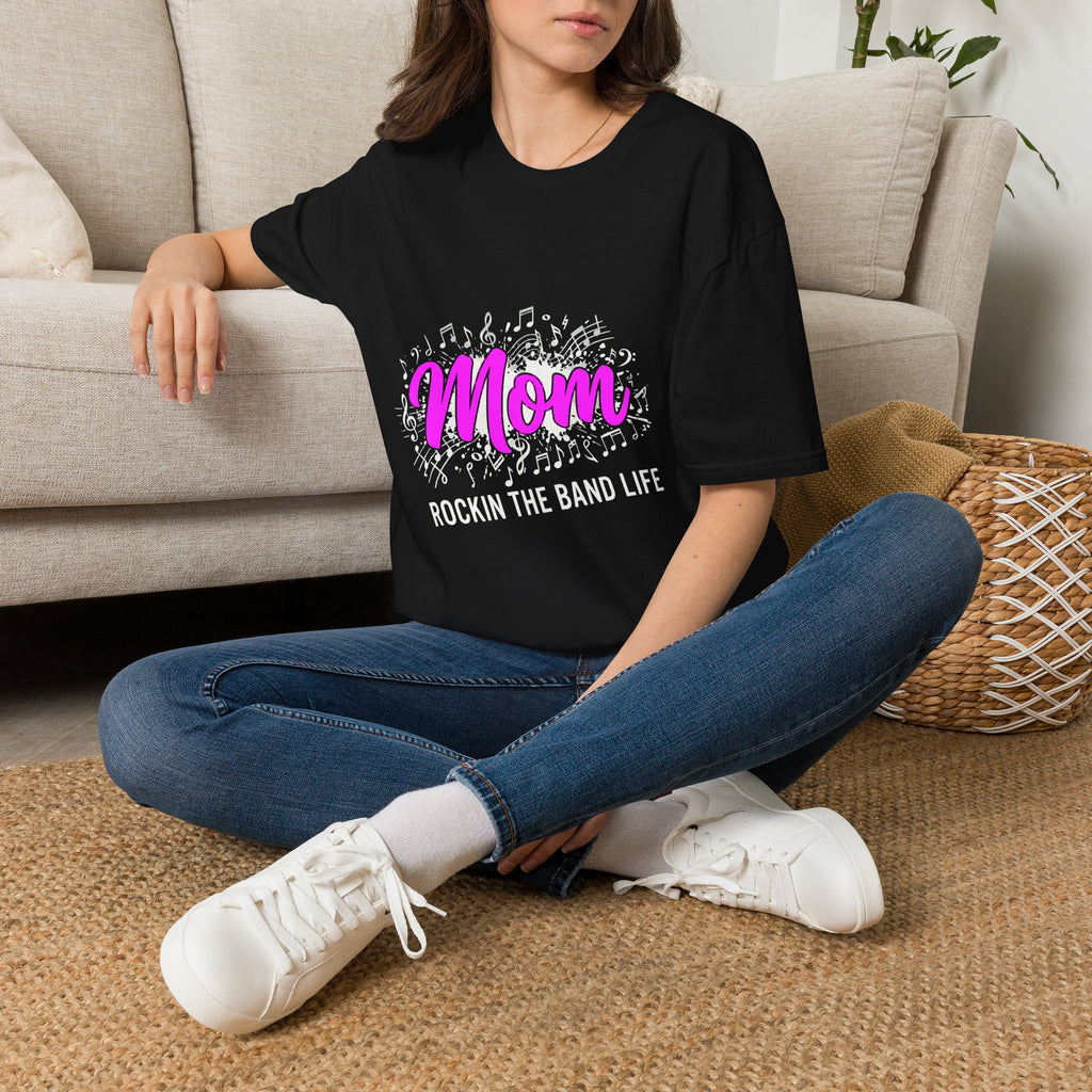 Mom Rock Band T-Shirt — 'Mom' Pink Script with Musical Notes (Rockin' the Band Life)