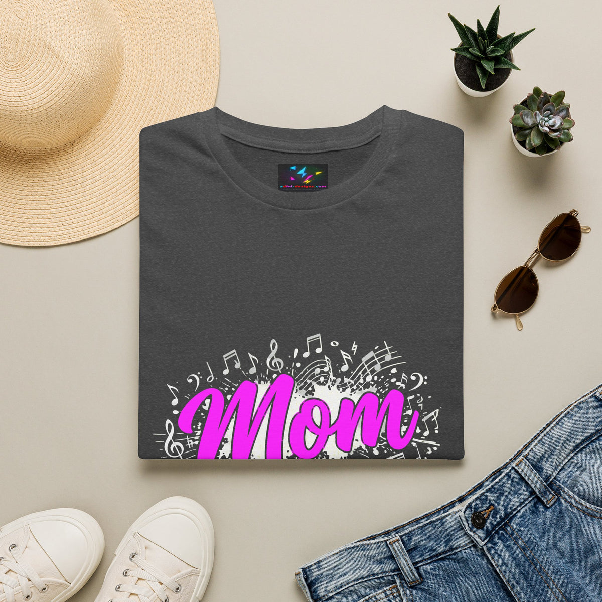 Mom Rock Band T-Shirt — 'Mom' Pink Script with Musical Notes (Rockin' the Band Life)