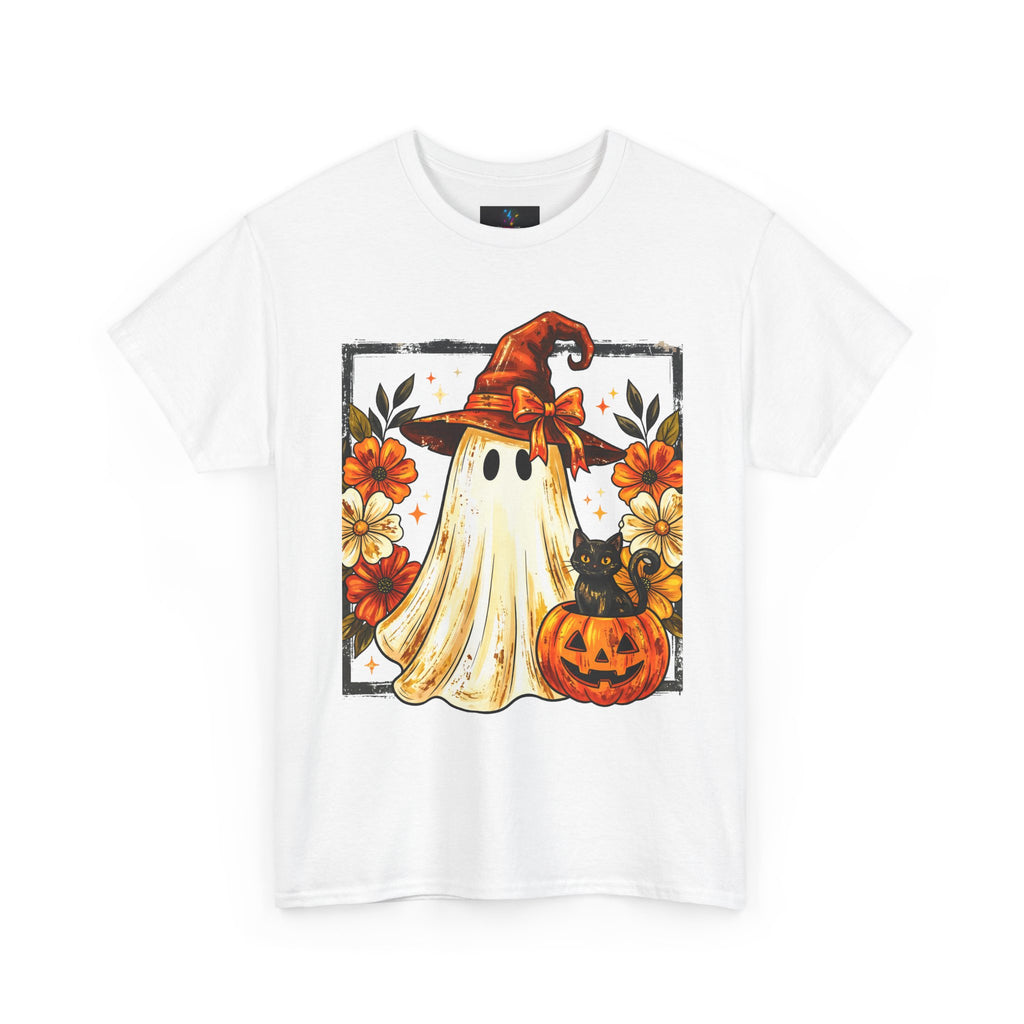 Cute Halloween Ghost T-Shirt — Ghost in Witch Hat with Pumpkin & Black Cat