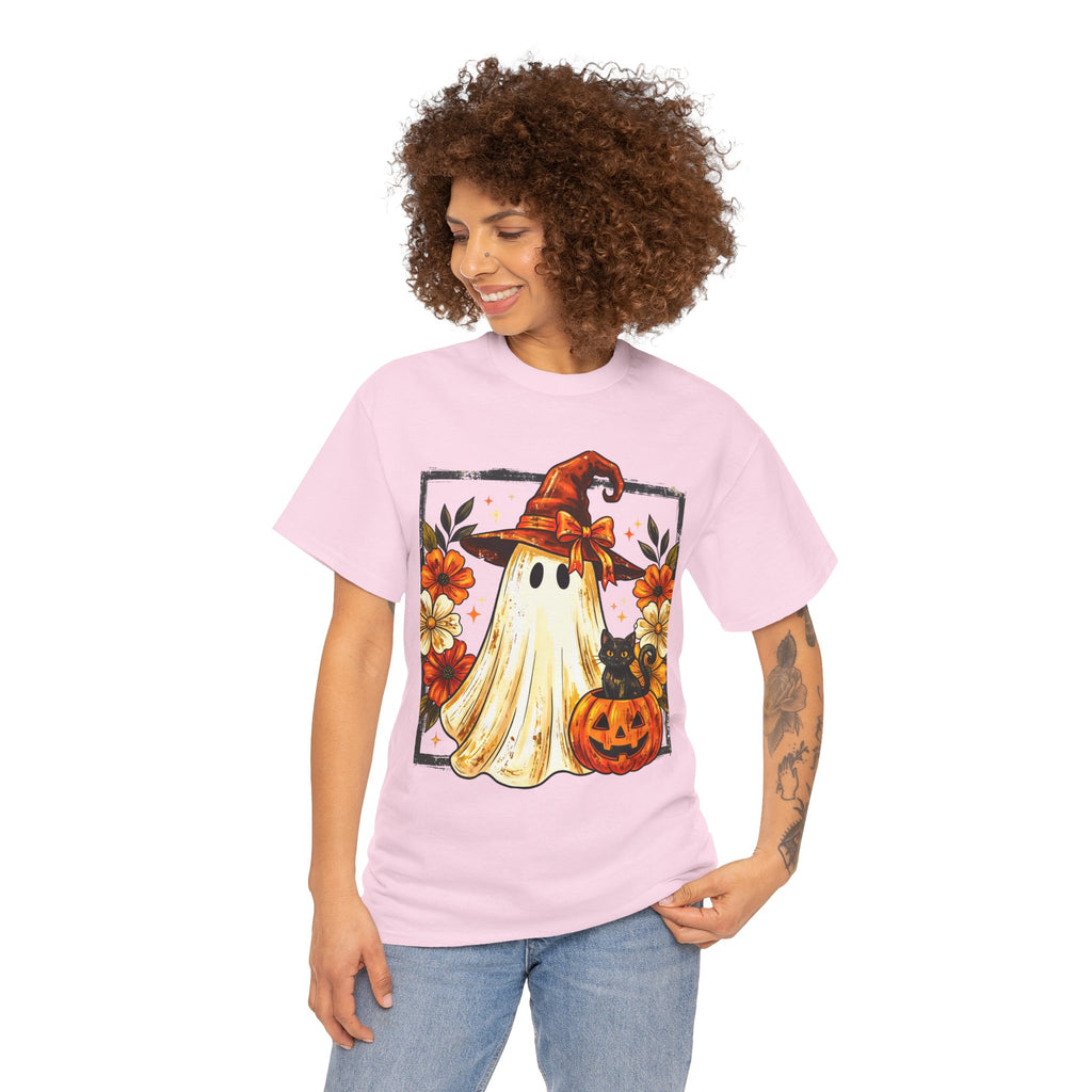 Cute Halloween Ghost T-Shirt — Ghost in Witch Hat with Pumpkin & Black Cat