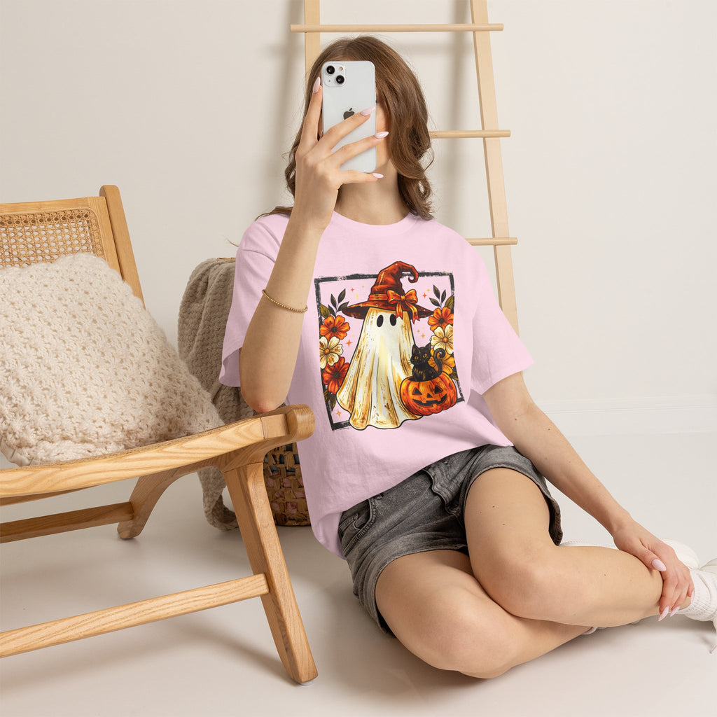 Cute Halloween Ghost T-Shirt — Ghost in Witch Hat with Pumpkin & Black Cat